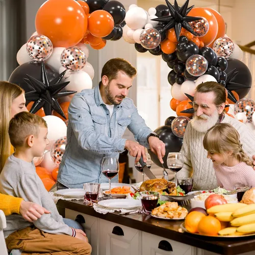 Vista 7 de Kit de arco de 161 globos de color negro, blanco y naranja, con 3 globos de papel de aluminio en explosión de estrellas para cumpleaños, graduación