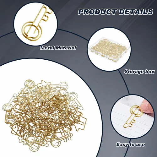 Vista 3 de Gueevin - Paquete de 102 clips de papel con forma de casa y llave con 2 cajas, color dorado
