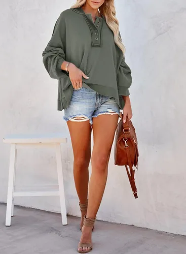 Vista 5 de HOTAPEI Sudadera corta con capucha y cuello en V para mujer, estilo casual, con botones, manga larga