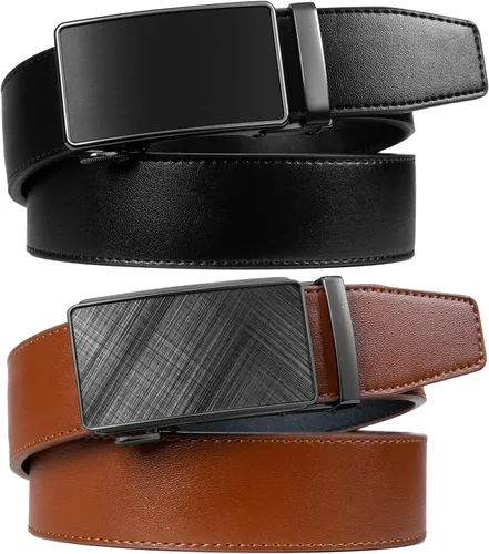 Vista 4 de Founders & C Cinturón para hombre, 2 unidades, vestido de cuero con trinquete con hebilla deslizante de 1 38 pulgadas en caja de regalo