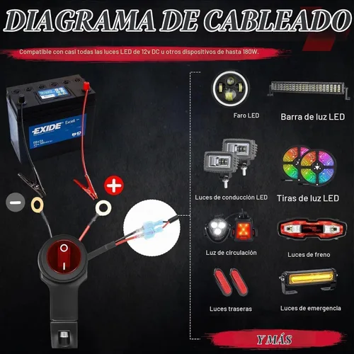 Vista 6 de OFFROADTOWN Kit de arnés de cableado para barra de luz LED de 1 cable con interruptor de manillar de motocicleta 7/8" 12V 40A Relé Fusible Arnés