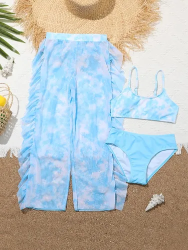 Vista 5 de MakeMeChic Traje de baño de 3 piezas con estampado cruzado para niña con salida de baño