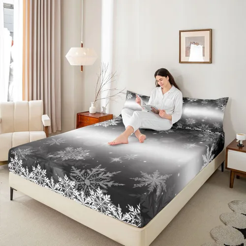 Vista 7 de Erosebridal Juego de sábanas bajeras de Navidad tamaño Queen, diseño de copos de nieve, color negro, gris, degradado, para niños y niñas, juego