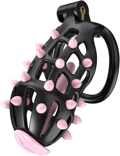 Vista 9 de Jaulas de castidad masculina para hombres, jaula pequeña para pene con puntos de masaje de silicona, ligera impresa en 3D, anillos de 5 tamaños