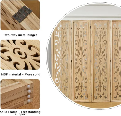 Vista 5 de Divisor de ambientes de 5.6 pies, pantalla de división tallada clásica de madera plegable para el hogar, oficina, jardín, 4 paneles (natural)