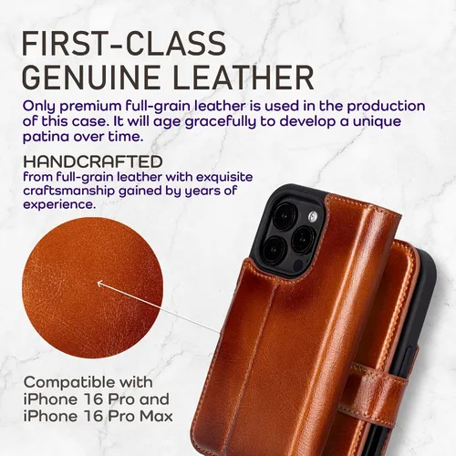 Vista 22 de Bayelon Funda tipo cartera para iPhone 15 Pro, cartera de cuero de grano completo, funda magnética desmontable, tarjetero, funda tipo cartera