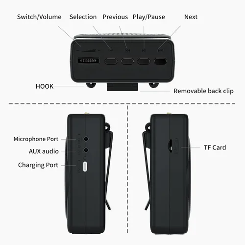 Vista 3 de SAINTLARK S22 Amplificador de voz para profesores, con micrófono portátil con cable y altavoz y cinturón compatible con formato MP3 audio