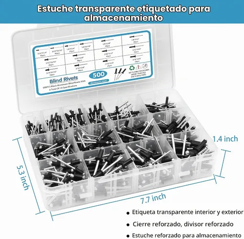 Vista 6 de SATANTECH 500 piezas de remaches negros, kit surtido de remaches emergentes, 14 tamaños SAE de remaches de aluminio (3/32" 1/8" 5/32" 3/16")