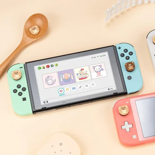 Vista 7 de GeekShare 4 tapas de agarre de pulgar compatibles con Nintendo SwitchOLEDSwitch Lite, cubierta de silicona suave para palanca de mando Bear Cookies