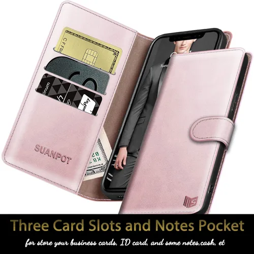 Vista 4 de SUANPOT Funda de piel tipo cartera para iPhone 12 Pro Max con bloqueo RFID, tarjetero de crédito, libro de folio magnético de poliuretano