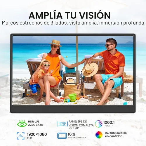 Vista 2 de UFYQL Monitor portátil de 15.6 pulgadas FHD 1080P Monitor externo de viaje, monitor HDR IPS para juegos con soporte y altavoces, montaje VESA, USB-C