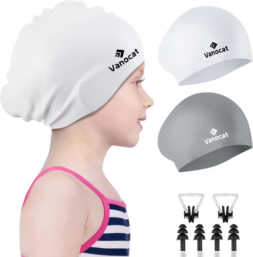Vista 8 de 2 Pack Kids Swim Caps for Long/Short Hair, Unisex Silicone Swimming Cap for Age 3-15 Children Toddler Youth Teen, Waterproof Shower Cap Bathing Hats