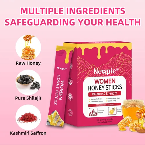 Vista 3 de Palitos de Miel Shilajit para Mujeres, Palitos de Miel Pura del Himalaya Sabor Fresa Impulso de Energía Mezcla Herbal de Alta Potencia para Impulso