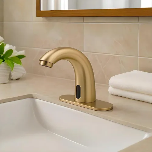 Vista 2 de Grifo de lavabo de baño sin contacto de oro cepillado, funciona con pilas, sensor de movimiento automático, grifo manos libres con válvula de mezcla