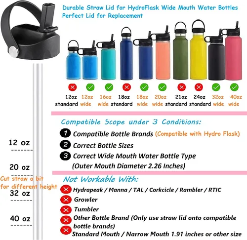 Vista 4 de Tapa de popote para Hydro Flask boca ancha, tapas con popote para Hydroflask boca ancha de 32 40 onzas, tapa de repuesto superior, accesorios