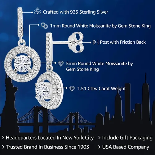 Vista 2 de Gem Stone King Aretes colgantes de moissanita blanca de plata de ley 925 para mujer (1.51 quilates, redondo de 0.197 in), Metal, piedras preciosas
