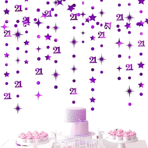 Vista 8 de Guirnalda de número 21 en negro con puntos circulares y estrellas centelleantes, metálica, para colgar, banderines, banner, telón de fondo
