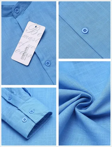 Vista 5 de COOFANDY Camisa casual de lino para hombre, con cuello de banda, manga larga, con botones