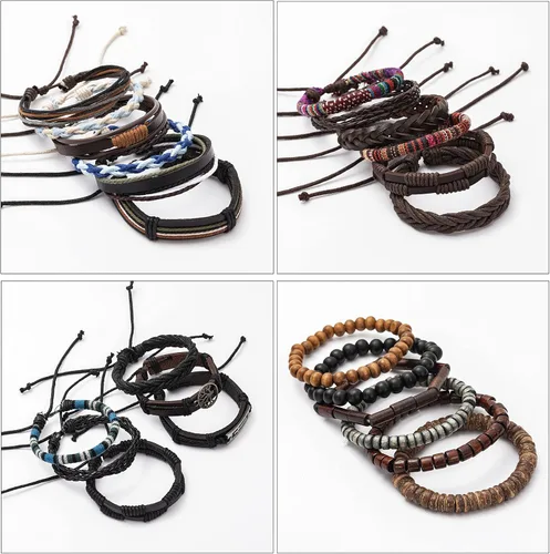 Vista 7 de FIRAZIO Juego de 27 pulseras de cuero trenzado para hombres y mujeres, pulseras de cuentas de madera, cuerdas de cáñamo, étnicas tribales hechas a