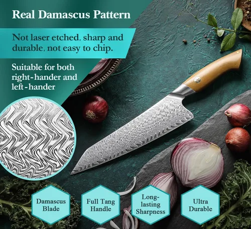 Vista 2 de Cuchillo de chef de Damasco, 8.5 pulgadas, 67 capas de acero de damasco, cuchillo de cocina japonés profesional para chefs y cocina casera, hoja