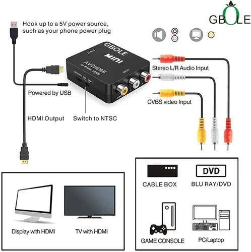Vista 2 de RCA a HDMI AV a HDMI Convertidor 1080P Mini RCA compuesto CVBS Video Audio Converter Adapter Supporting PAL NTSC with USB Charge Cable for PC