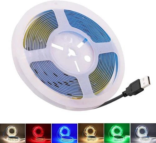 Vista 5 de Tira de luz LED COB flexible, 0.5m/1.6ft Bendable COB LED cuerda luces DC 5V 320 LEDs/m blanco cálido 3000K no impermeable USB cinta luces