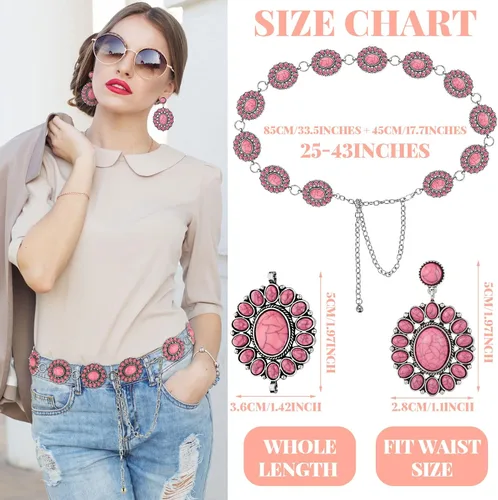 Vista 2 de Kenning Cinturón de cadena de concha turquesa de metal occidental para mujer, cinturón bohemio de 1.2 x 2 pulgadas, aretes de gota turquesa