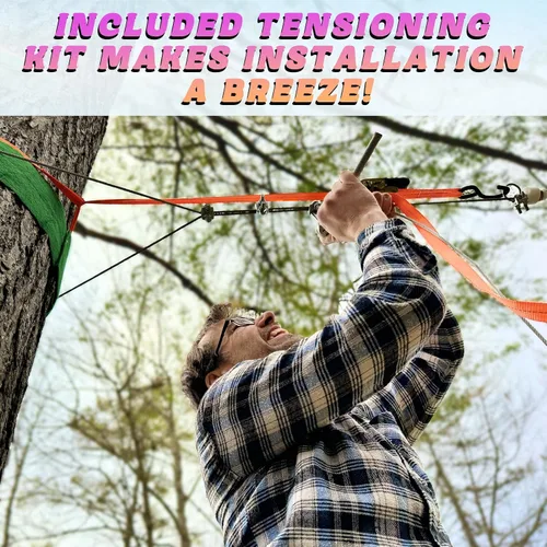 Vista 6 de CTSC Tirolesa para niños y adultos, kits de tirolesa para patio trasero con freno de resorte de acero inoxidable, kit de tensión de cables, arnés