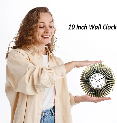 Vista 6 de Reloj de pared pequeño que funciona con pilas, reloj de pared analógico de 10 pulgadas, reloj de pared decorativo con forma de explosión