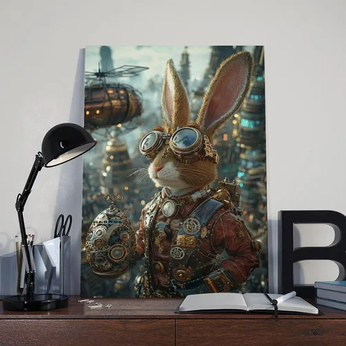 Vista 8 de Steampunk - Arte de pared de Pascua – Conejito futurista retro y huevo mecánico – Póster de fantasía industrial Steam City – Decoración única