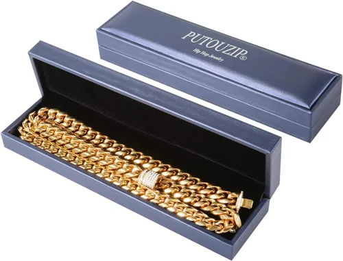 Vista 7 de putouzip Miami Cuban Link Chain Set For Men 18K Gold Plated Stainless Steel 1012mm Curb Bracelet Necklace Diamond Chains