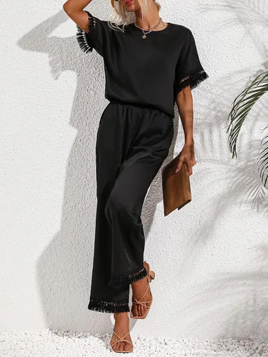 Vista 3 de MakeMeChic Conjunto de 2 piezas de verano para mujer, blusa de manga corta con flecos y pantalones de pierna ancha