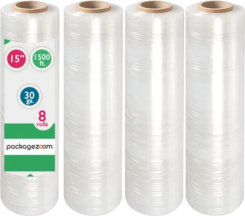 Vista 4 de PackageZoom 4 rollos de película elástica preestirada de 15 pulgadas x 1500 pies, plástico transparente para mudanza y embalaje, envoltura elástica