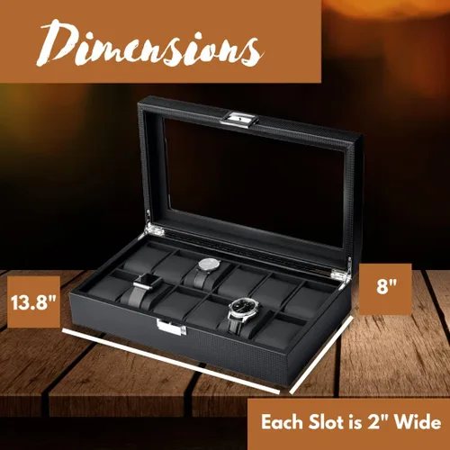 Vista 5 de Mantello Caja de reloj 12 ranuras para hombres Caja de reloj con tapa de cristal grande Organizador de caja de reloj para hombre (negro)