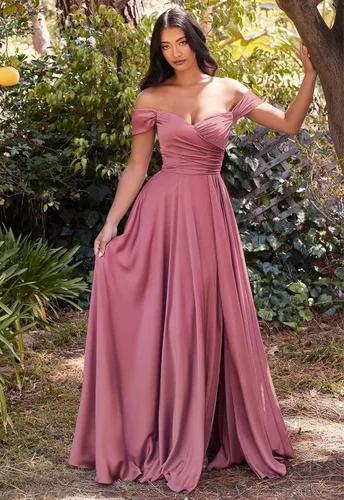 Vista 5 de PEIYJYUSP Vestidos de dama de honor de satén con hombros descubiertos para boda, largo, fruncido, acampanado, vestido de graduación formal