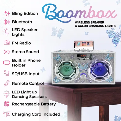 Vista 2 de Wireless Express - Altavoz portátil para fiestas: Boombox retro con Bluetooth, espectáculo de luces LED, radio FM mejorada, batería recargable
