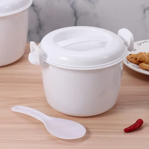 Vista 3 de FEESHOW Arrocera portátil de microondas de grado alimenticio con paleta de arroz, color blanco, pequeño