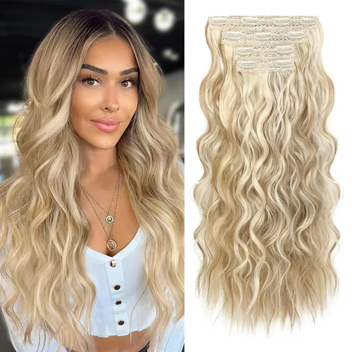 Vista 30 de REECHO Extensiones de cabello con pinza, 4 piezas de extensiones de cabello rubio de 24" de largo, ondas de playa gruesas, HE003, trama de encaje