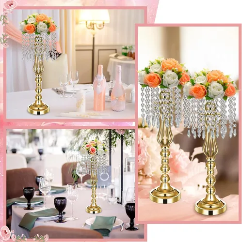 Vista 4 de Didaey - 16 centros de mesa de boda con lámpara de araña, color dorado, 21.3 pulgadas Gold Silver Vase, Tall Flower Stand with Crystal Drops for