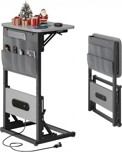 Vista 9 de HLDIRECT - Mesa auxiliar en forma de C con estación de carga, mesa lateral para sofá con bolsa de almacenamiento, bandeja para TV ajustable