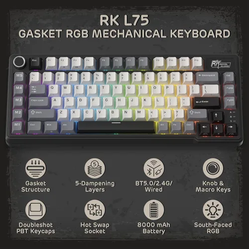 Vista 2 de RK ROYAL KLUDGE Teclado mecánico de montaje en junta L75 con perillateclas macro y placa de identificación táctil, teclado inalámbrico Tri-Mode 75%