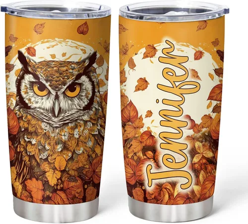 Vista 17 de Hyturtle Vaso personalizado para amantes de los búhos, vaso de café de acero inoxidable con nombre personalizado, 20 onzas con tapa, ideal como