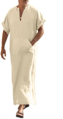 Vista 12 de COOFANDY - Bata de cuello en V de lino para hombre, manga corta, kaftán, thobe, túnica larga, camisa casual para playa, verano 01-Blanco