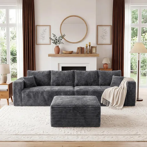 Vista 4 de Sofá modular en forma de L de 118 pulgadas, moderno sofá modular de pana de espuma viscoelástica de 4 plazas con otomana, asiento profundo tapizado