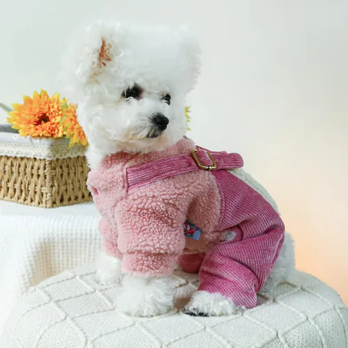 Vista 4 de Ropa para cachorros, pijamas para perro, trajes de invierno, abrigo para perros pequeños, overol de forro polar con patrón de corazón, pantalones