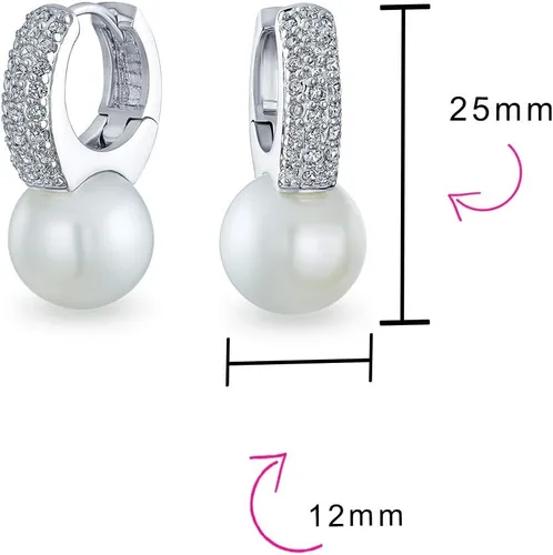 Vista 4 de Elegant Vintage Bridal Jewelry - Milgrain Crown Pave CZ Half Mini Hoop White Glass Ball Pearl Drops Earrings for Women with Omega Back, Exquisite