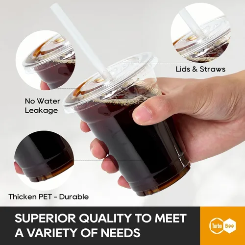 Vista 3 de Turbo Bee 200 juegos de vasos de plástico transparente de 12 onzas con tapas y pajitas, tazas de café helado desechables para llevar con tapas