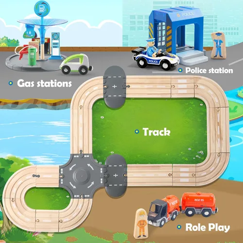 Vista 4 de Juego de 59 piezas de tren de madera para niños pequeños, tren de juguete con pista para niños de 3 a 6 años, set de juego de lujo de doble pista