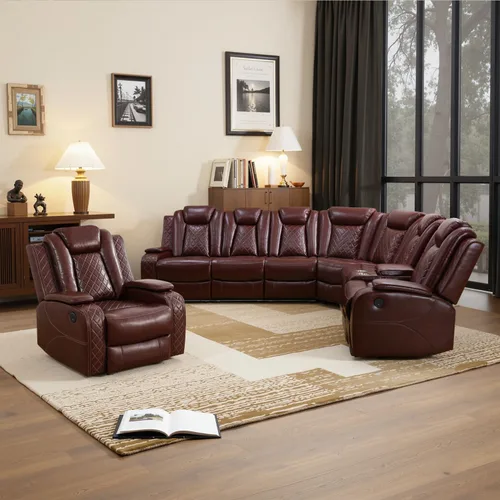 Vista 16 de Juego de sofá reclinable eléctrico, sofás reclinables de cuero negro, 3 piezas de sofá reclinable de cuero de aire y silla de dos plazas con luces
