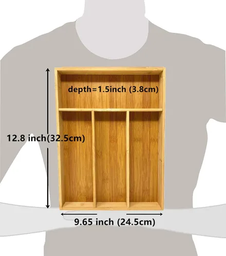 Vista 3 de Paquete de 2 organizadores de cubiertos de bambú para utensilios – 4 compartimentos – Hardware de bambú para cajones de joyería, soporte